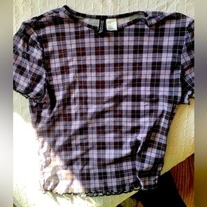 Mesh crop top purple plaid with lettuce hem